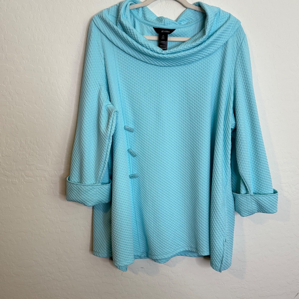 Ali Miles Womens Tunic 2X Aqua Cowl Neck Textured Button Artsy Lagenlook Boho